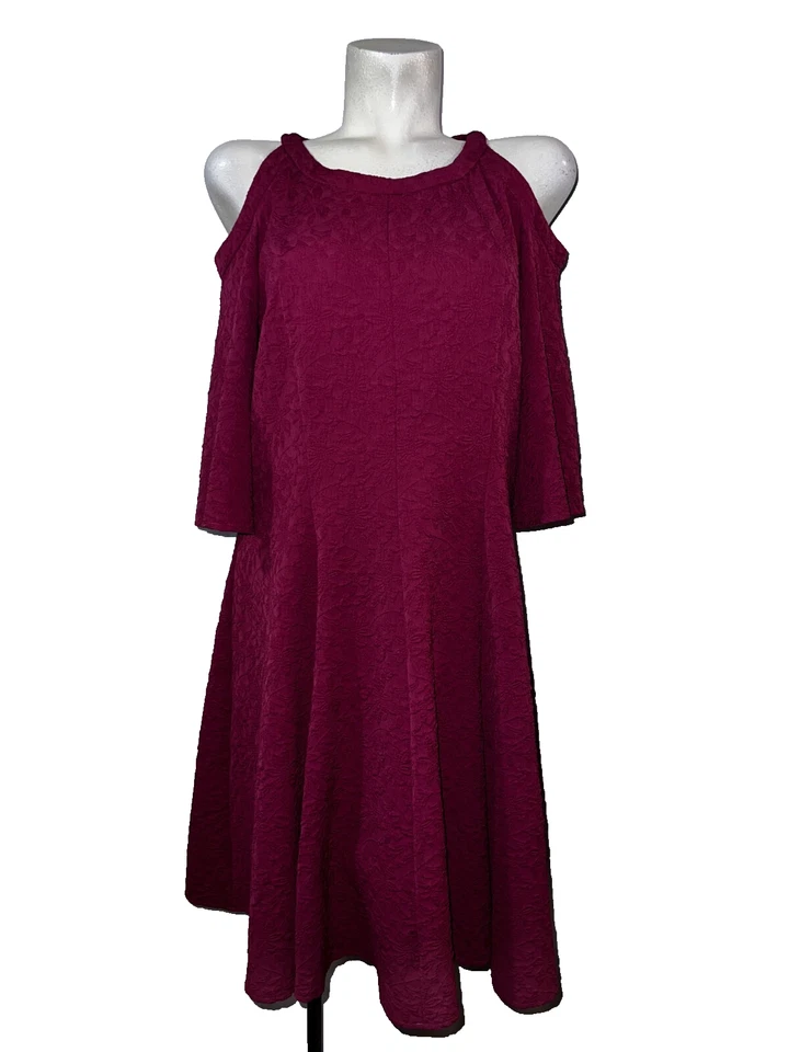 GABBY SKYE Plus Sz 16W Cranberry Floral Textured Fit & Flare Cold Shoulder Dress - Image 1 of 4