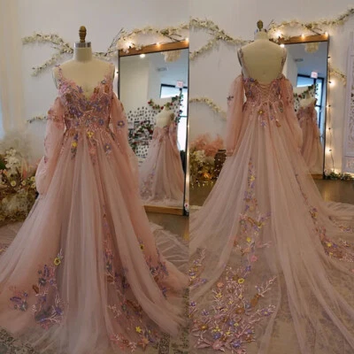 Pink Off the Shoulder Wedding Dresses A Line 3D Flowers Tulle Bridal Gowns - Image 1 of 4