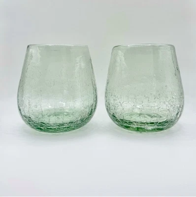 "2 vasos de vidrio craquelado soplado a mano vino pesado ~ tinte verde claro - 16 oz - 4""" Foto 1 de 4