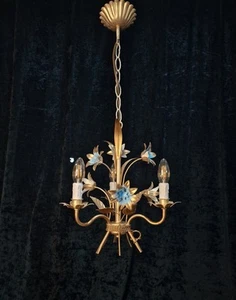 Lovely Petite Vintage French 3 Arm Gilded and Painted Blue Flower Chandelier - Picture 1 of 10