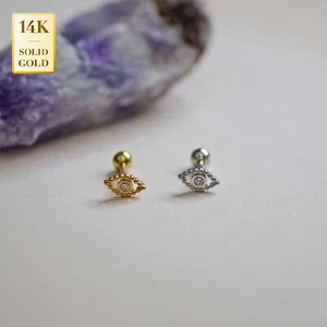 Pendientes perforantes de poste perno de diamante de oro sólido real de 14 K 18G - Imagen 1 de 12