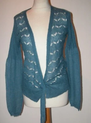 PRELOVED 'OASIS' LIGHT BLUE MOHAIR BLEND LACE KNIT TIE CARDIGAN - UK 10/36" BUST - Image 1 of 4