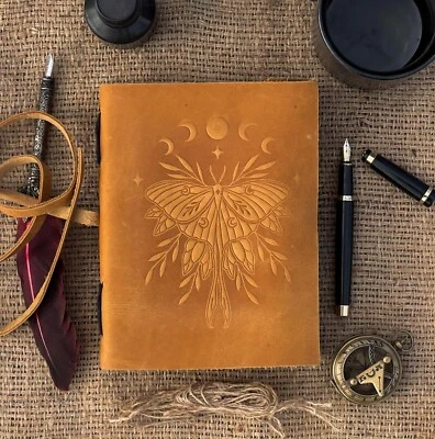 Book of Shadows Journal with Lock Clasp Vintage Handmade Leather Luna Moths 7x5 - Image 1 of 4