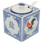 Blue Ceramic Seasoning Caddy with Spoon and Lid