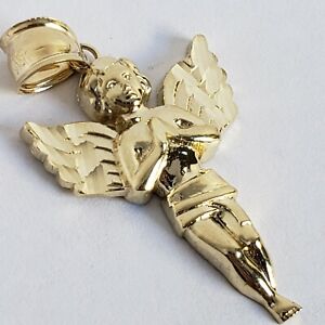 Real 10k Gold diamond cut praying Angel Pendant Charm 1.50 inch long