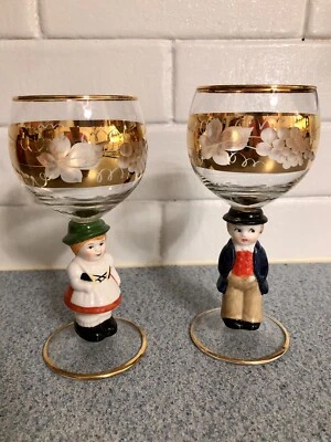 Vintage (Set Of 2) Goebel Hummel Figures Wine Cordial Glasses~Germany~Gold Band - Image 1 of 4
