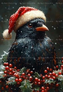 CHRISTMAS CROW SANTA HAT ART PRINT, Holiday Home Decor, Raven Bird Poster E669 - Imagen 1 de 3
