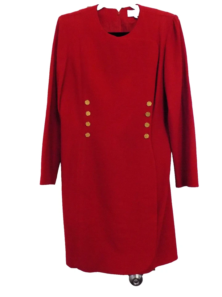 Vestido De Colección Bloomingdales Elegante Rojo Lana Worsted Militar Botones Dorados Talla 12 EE. UU. Foto 1 de 4