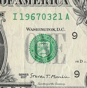 MARCH 21 1967 Birthday Date Note Fancy Serial Number One Dollar Bill 03 21 1967 - Picture 1 of 11