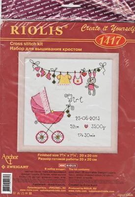 ANUNCIO DE NACIMIENTO BEBÉ NIÑA Kit Punto de Cruz Contado por Riolis - Nuevo y sin abrir Foto 1 de 3