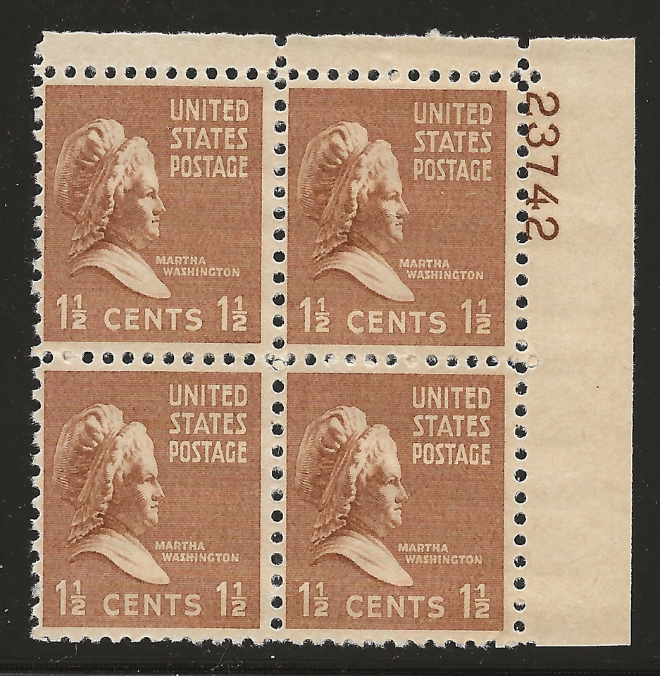 US Scott #805, Plate Block #23742 1938 Martha Washington 1.5c FVF MNH UR - Image 1 of 1
