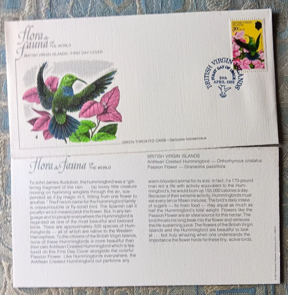 GREEN THROATED CARIB BIRD BVI  FLEETWOOD CACHET 1982 FDC + INFO CARD UNADDR - Image 1 of 1