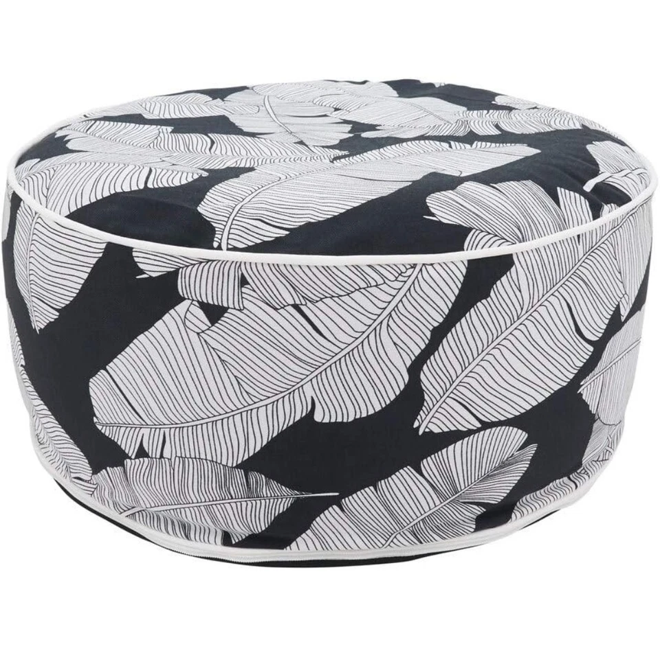 Fennco Styles Black & White Banana Leaf Round Indoor & Outdoor Pouf – 200lbs... - Image 1 of 4