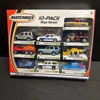 Matchbox 10 PackMega Heroes Rescue Boat Speeder Chevy Impala Discovery 2000 Jeep - Image 1 of 4
