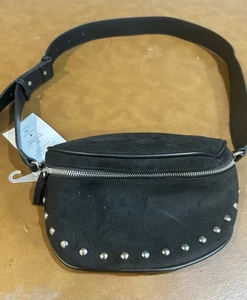 Neu mit Etikett ah-dorned New York schwarz vegan Wildlederimitat Sling Bag Handtasche silberne Nieten - Bild 1 von 10