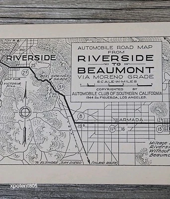 Mapa AAA 4 Antiguo del Club Automóvil Riverside To Beaumont del Sur de California de la década de 1920 Foto 1 de 4