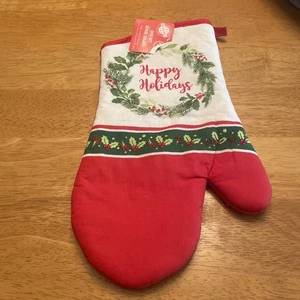 Neu mit Etikett ~ Weihnachten Ofenhandschuh ~ Happy Holidays ~ Kranz ~ 7” x 13” ~ Baumwolle - Bild 1 von 5