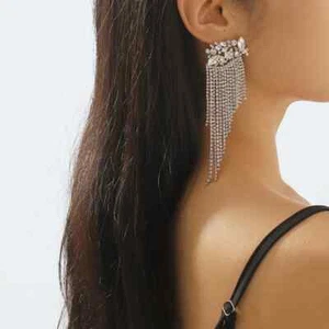 Long Crystal Rhinestone Pageant Prom Drop Dangle Pierced Earrings - Picture 1 of 6