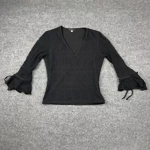 Vintage LAPIS Shirt Women’s Medium Black V Neck Made In USA Frayed Sleeves - Picture 1 of 6