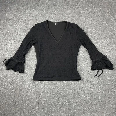 Vintage LAPIS Shirt Women’s Medium Black V Neck Made In USA Frayed Sleeves - Imagem 1 de 4