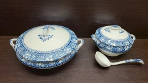 2x Tureens antiguos con tapa Rutland azul blanco con cuchara - Imagen 1 de 7