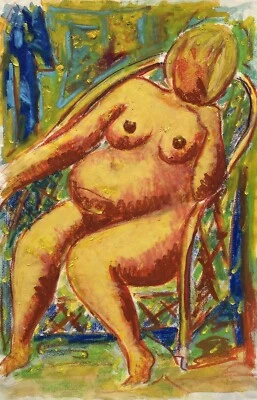 Sitzender Akt im Korbsessel Gouache Expressiv 70er Jahre #3 Mid Century - Bild 1 von 4