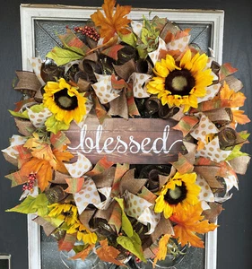 XL BLESSED Yellow Sunflower Fall Floral Deco Mesh Wreath Thanksgiving Home Decor - Picture 1 of 6