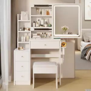 Vanity Table Set with LED Lighted Mirror&Stool for Girls No More Than 5.6ft Tall - Picture 1 of 8