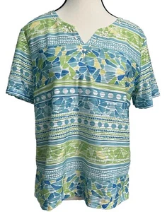Women’s Petite Medium Alfred Dunner Top Blue Yellow Green, Beaded B42 - Picture 1 of 9