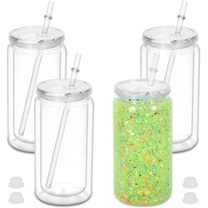 16 oz Plastic Snow Globe Tumbler, 4 Pack Double Wall Snowglobe Tumbler with P... - Picture 1 of 6