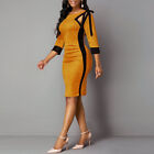 Womens Round Neck Hollow Out Lace Up 3/4 Sleeves Career Bodycon Workwear Dress