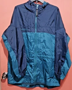 Columbia Jacket Women LRG Teal Navy Full Zip Hooded Rain Windbreaker Lightweight - Picture 1 of 15