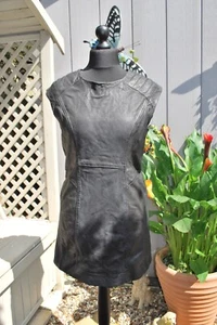 All Saints Black REAL Leather Biker Dress 14 Zip Stretch Sides - Picture 1 of 8