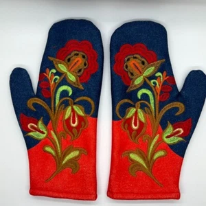 Fäustlinge rot & marine Fleece gefüttert bestickt Blumenmuster - Bild 1 von 8