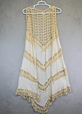 Cárdigan Umgee Mujer L Beige Blanco Plumero Tejido Abierto Natación Encubrimiento Boho Campesino Foto 1 de 4
