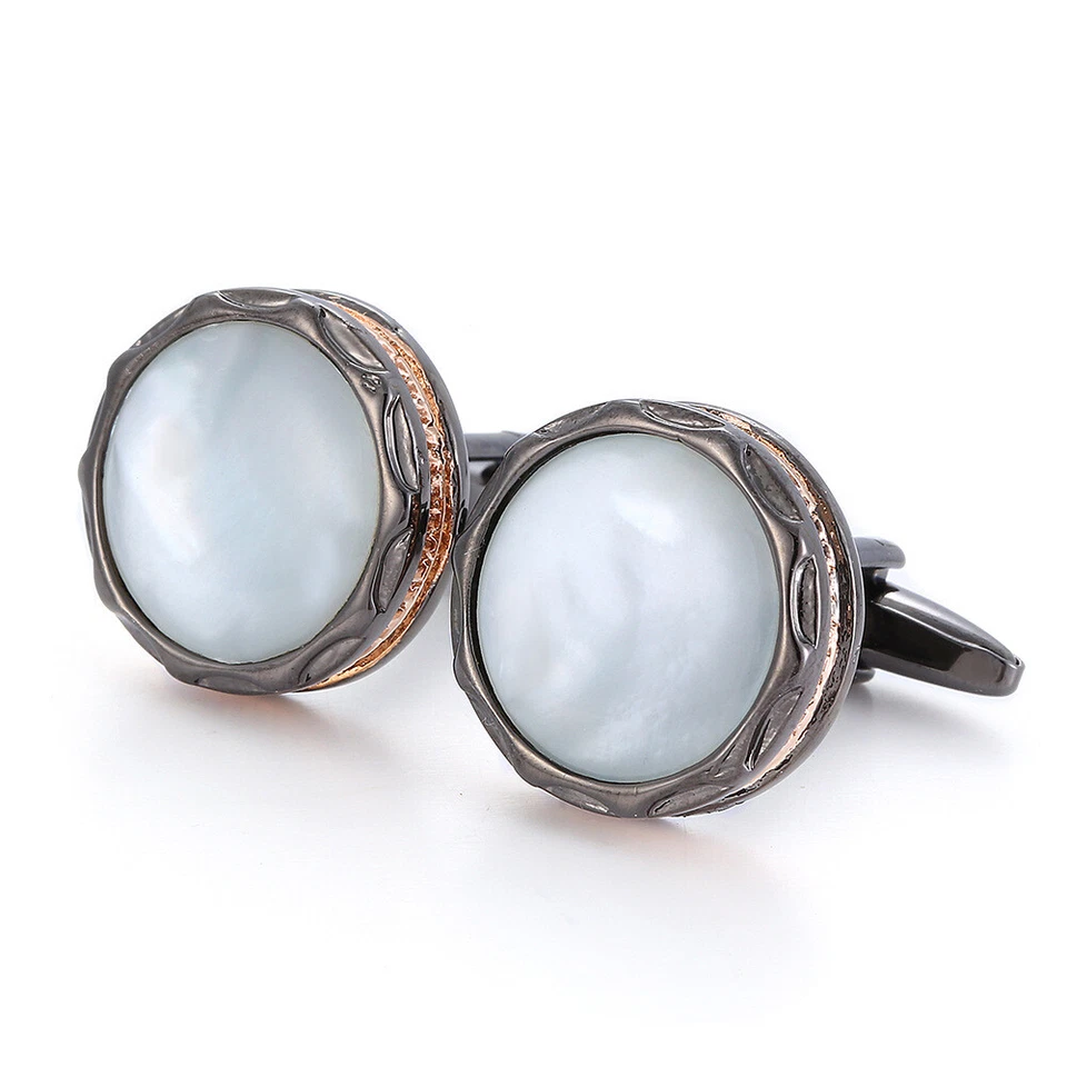 Natural Shell Cufflinks French Cufflinks Wedding Cufflinks Round Black Cufflinks - Image 1 of 4