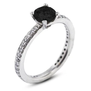 Anillo clásico de piedra lateral de oro de 14 k con diamantes naturales redondos negros de 3,68 quilates - Imagen 1 de 11