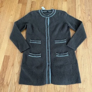 Talbots Tipped Textured Cardigan Womens M Sweater Olive w/ Blue Trim Long - Picture 1 of 10