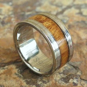 Genuine Light Hawaiian Koa Wood Inlay Titanium Wedding Ring Band 10mm TWR1003 - Picture 1 of 5