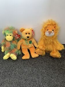 Lot Of 3 TY Beanie Babies Plush Soft Stuffed Animal Cute Bear Monkey Lion 