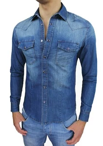 CAMICIA JEANS UOMO DIAMOND SLIM FIT CASUAL DENIM CON BOTTONI GIOIELLO da S a XXL - Foto 1 di 3