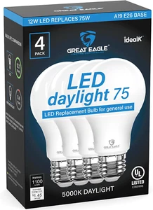 A19 LED Bulbs 75W Equivalent – 5000K Daylight, UL Listed, Non-Dimmable (4-Pack) - Picture 1 of 9