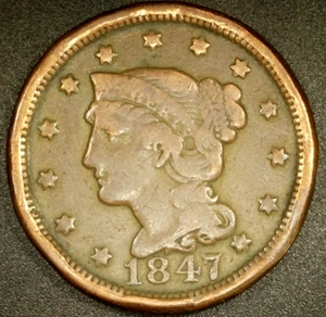 Moneda de cobre de centavo grande de Estados Unidos 1847 cabello trenzado - emisiones de borde - ENVÍO GRATUITO - Imagen 1 de 2