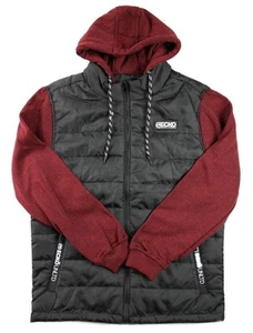 Ecko Mens Jacket XL Puffer Hoodie Zip Front Long Sleeve Quilted Black Burgundy - Picture 1 of 7