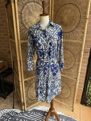 CAbi Sz SMALL Blue White Jewel Button 3/4 Roll Tab Fitted Shirt Dress #422 - Image 1 of 4