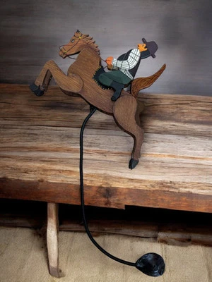 Jouet Balancier Vintage En Bois, Cowboy Et Cheval À Bascule  - Photo 1/3