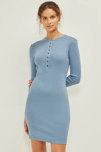 NWT Three Dots Long Sleeve Henley Washed Bodycon Mini Dress Bluestone Women's L - Picture 1 of 19
