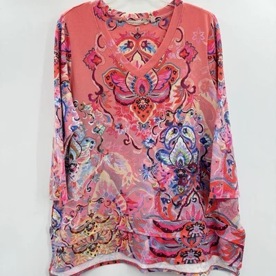 Túnica Suéter Suave Envolventes Brillante Paisley Cuello en V Talla 1X Rosa Multi Boho Foto 1 de 4