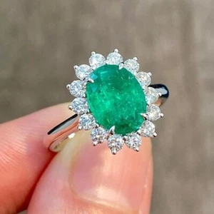 2.85 TCW Oval Natural Emerald & Moissnaite Halo Engagement Ring 9ct White Gold - Picture 1 of 12