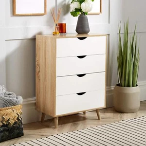Chest of 4 Drawers Oak and White Bedroom Storage Solid Wood Legs Scandi Style - Picture 1 of 9